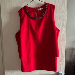 Calvin Klein Red Sleeveless Blouse with Embellished Neckline
